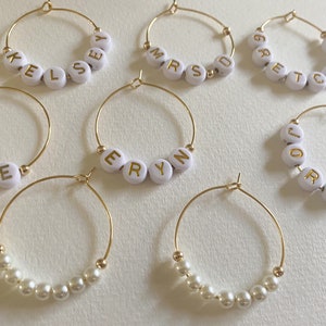 Personalized Wine Glass Charms 25 Gold Tone Hoops, Lettering White & Gold. Names/Words 30mm Hoops Wedding Party Bridesmaids Pearls Available