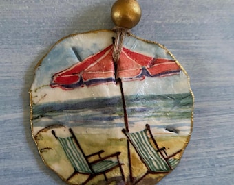 Beach Theme Sand Dollar Ornament, Decoupaged Beach Chairs, Tropical Christmas Decoration