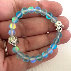 Mermaid Child Bracelet, Matte Sky Blue Iridescent Moonstone Beads, Little Mermaid & Shell Beads, Beach Mermaid Theme Party Favor