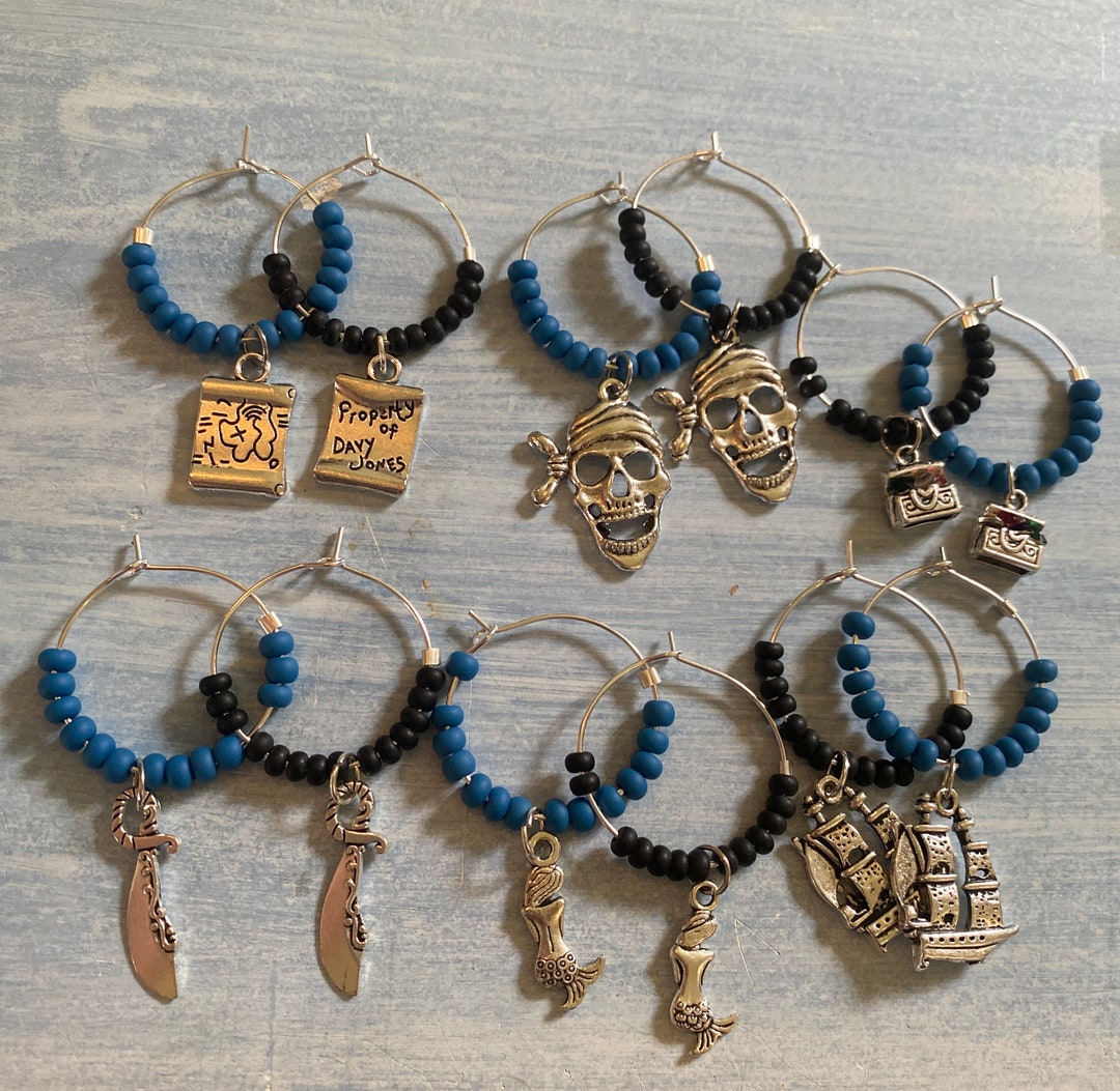 Pirate & Mermaid Theme Wine Glass Charms, Glassware Charms, Matte Blue