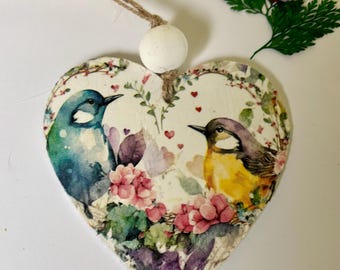 Birds on Heart Ornament Decoupaged Farmhouse Door Tassel