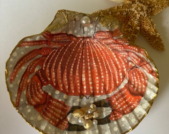 Plato para joyas con forma de concha de cangrejo, conchas marinas costeras, soporte para anillos decorado con decoupage