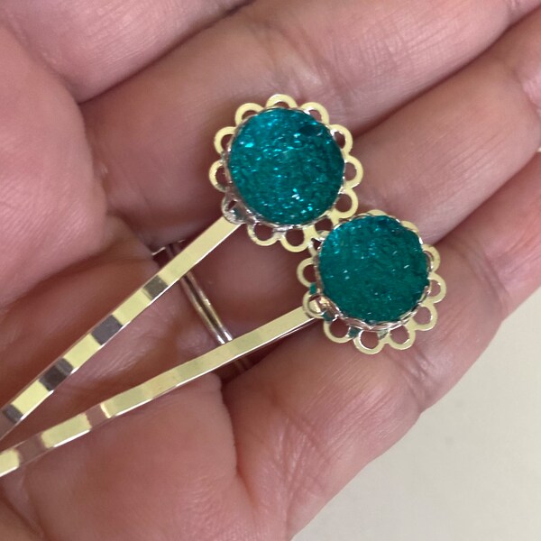 Silver Plated Flower Hair Pins, Shimmery Teal Green Set of Two, Faux Druzy Summer Fun Hair Accessories