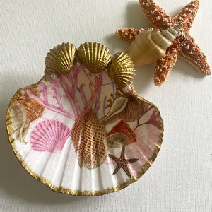 May include: A white seashell dish with a gold rim and a pink and gold seashell design. The dish is decorated with coral, starfish, and pearls.