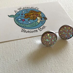 Glitter Earrings, Faux Druzy Sparkly Blush Pink, Stainless Steel Posts, Mermaid Sparkly Stud Earrings 12 mm Gift for Her