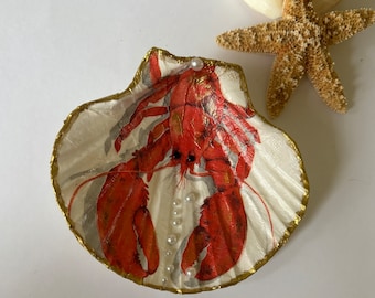 Red Lobster Shell Trinket Dish, Decoupaged Lobster Jewelry Holder, Coastal Decoration