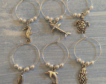 Sea Life Wine Glass Charms Coastal Drink Markers with Pearls Set of 6