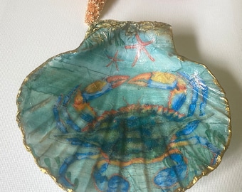 Crab Trinket/Ring Dish Scallop Shell Sea Life  Beach Theme Coastal Living Decoupage Art