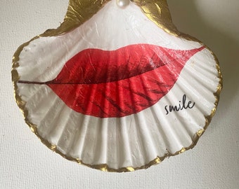 Shell Jewelry Trinket Holder Red Leaf Shaped Like Lips Decoupaged on Shell Smile Unique Modern Art Smile Red Lips Dish Gift for Lover