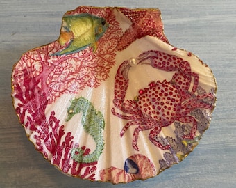 Decoupage Jakobsmuschelschale Trinket Dish, Crab Seepferdchen Küsten Decor