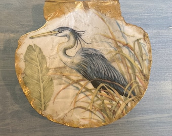 Blue Heron Scallop Shell Decorative Jewelry/Trinket Holder, Decoupaged Tropical Coastal Bird Beach Decoration Gift Idea