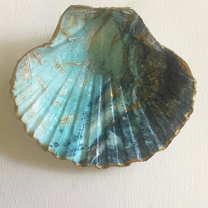 Scallop Shell Ring Dish Jewelry Holder Marble Ocean Wave Teal, Blue, Gold Accents Decoupage Abstract Art, Coastal Beach Ocean Lover Gift