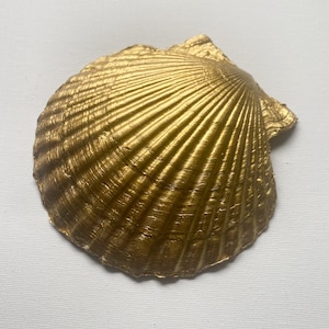 May include: A gold-painted seashell with a ribbed texture. The shell is a natural object that has been painted gold.