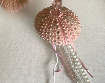 Pink, White Jellyfish Ornament Sea Urchin Pearls, Glass Crystal Beads & Hemp String Coastal Decor Beach Sea Life Lover Gift Idea