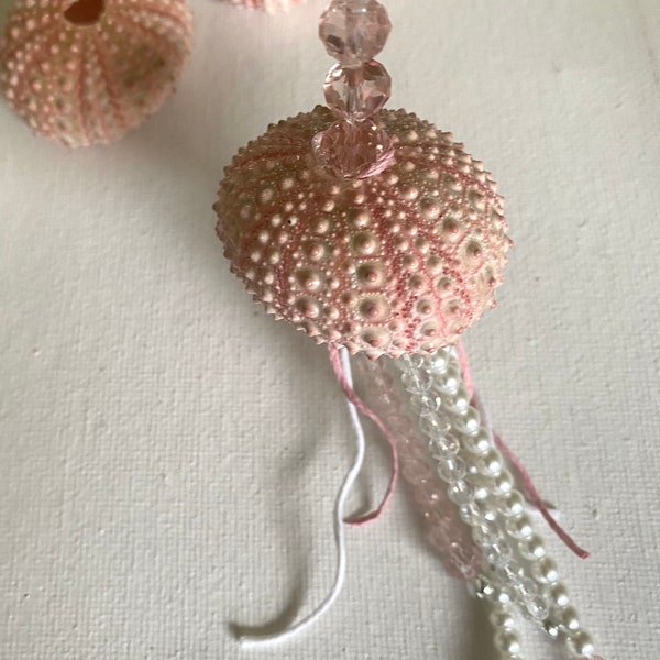 Pink, White Jellyfish Ornament Sea Urchin Pearls, Glass Crystal Beads & Hemp String Coastal Decor Beach Sea Life Lover Gift Idea