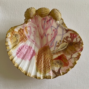 Sea Shells Ring Dish Decoupaged Scallop Shell Beach Decor Coastal Life Beach Lover Gift