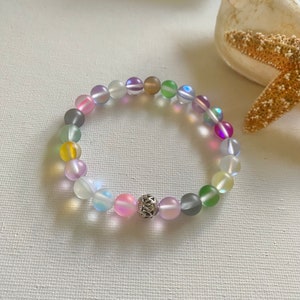 Mermaid Bracelet, Matte Rainbow Iridescent Moonstone Stretch, Frosted ...