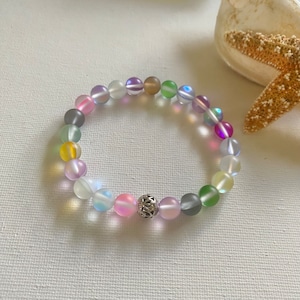 Mermaid Rainbow Bracelet, Mystic Aura Quartz Beads, Stretch 8mm Beads, Silver Tone Bali Bead, Fun Colorful Mermaid Jewelry, Ocean Lover Gift
