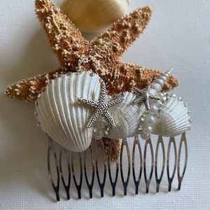 Seashell Hair Comb, with Silver Starfish and Pearls, Beach Theme Wedding Hair Accessory, Mermaid Hair Comb with or Without Rhinestones