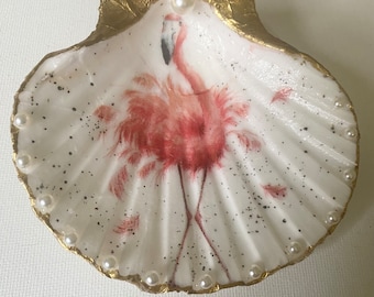 Flamingo on Shell Ring Dish Jewelry Trinket Holder Decoupaged Pearls Added Handmade Tropical Coastal Pink Flamingo Bird Lover Gift Idea