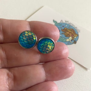 Mermaid Teal Scales Earrings, Stainless Steel Posts, Mermaid Sparkly Stud Earrings, Dragon Scales 12 mm, Prom/Party Fun Earrings
