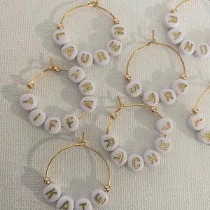 Personalized Wine Glass Charms, 9 Gold Tone Hoops, Lettering White and Gold. Names or Words 25mm Hoops Bridesmaids Wedding Party Gift Charms