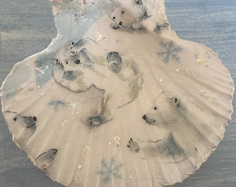 Polar Bear Trinket Dish, Glitter Christmas Decoration, Decoupaged Shell