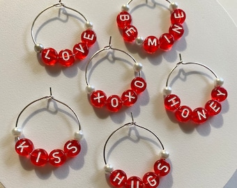 Personalized Wine Glass Charms 6 Silver Tone Hoops, Lettering Red & White with Pearls Names/Words Valentine’s Day, Anniversary, Special Day