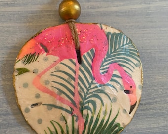Pink Flamingo on  Sand Dollar Ornament, Handmade Decoupaged Sparkly Beach Christmas Decoration