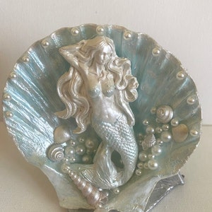 Mermaid Ornament Decoration on Scallop Shell, Pearls, Shells, Hand Painted Teal & Metallic White Beach Decor Mermaid Gift