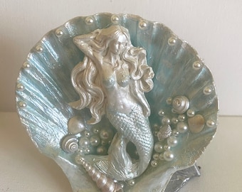 Mermaid Ornament Decoration on Scallop Shell, Pearls, Shells, Hand Painted Teal & Metallic White Beach Decor Mermaid Gift