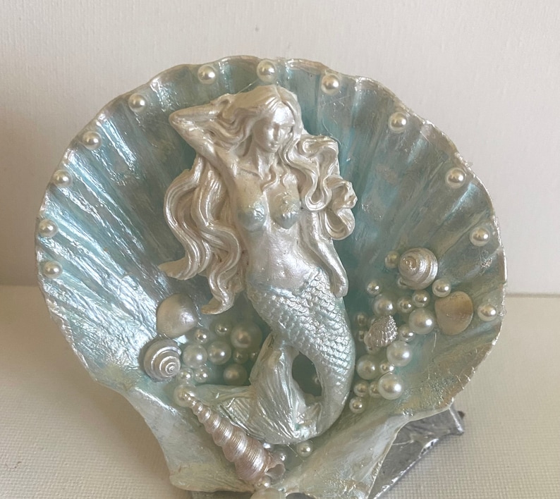 Clay Mermaid Ornament Decoration on Scallop Shell, Pearls, Shells, Hand Painted Teal & Metallic White Beach Decor Mermaid Gift