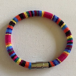 Fabric Cord Bracelet, Hot Pink Multi Color Embroidered Pattern, Bright Rainbow Pink Cloth Cord Bracelet Stainless Steel Magnetic Clasp