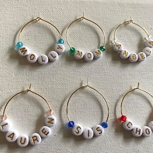 Personalized Wine Glass Charms, 6 Gold Tone Hoops, Lettering White/Gold, You Pick Color of Crystal Beads, Bridesmaid Gift Wine Charms