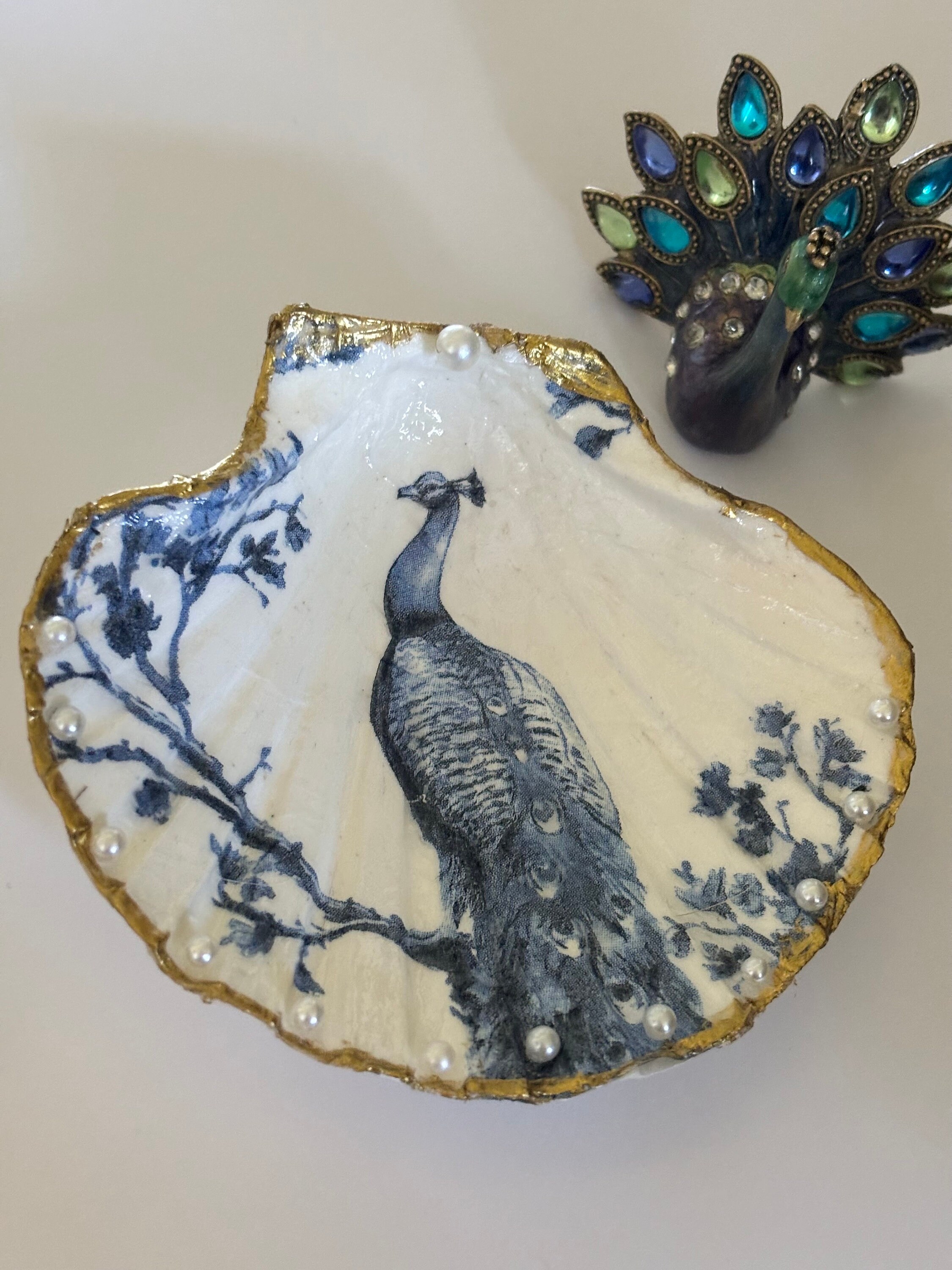 Peacock Inner Shell Blue Peacock Trinket Holder Decoupaged Shell With Pearls Ring Dish - Etsy