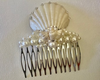Mermaid Hair Comb, Seashells Painted Pearl White, Rhinestones Pearls, Beach Theme Wedding Hair Accessory, can be Made with Just Pearls