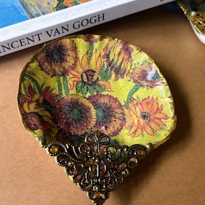 Van Gogh Sunflowers Shell Trinket Holder Handmade Decoupage Art Dish