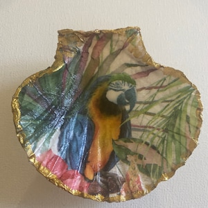May include: A decorative seashell dish with a gold trim, featuring a painted image of a blue and yellow macaw parrot in a tropical jungle setting.