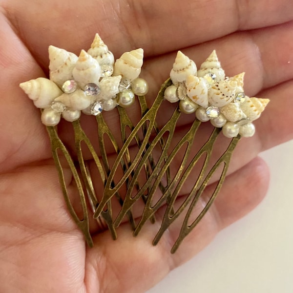 Bronze Mermaid Hair Combs, Natural Shells, Pearls, Embellished with Rhinestones Summer Time Beach Hair Accessory Theme Hair Combs, 2 Combs