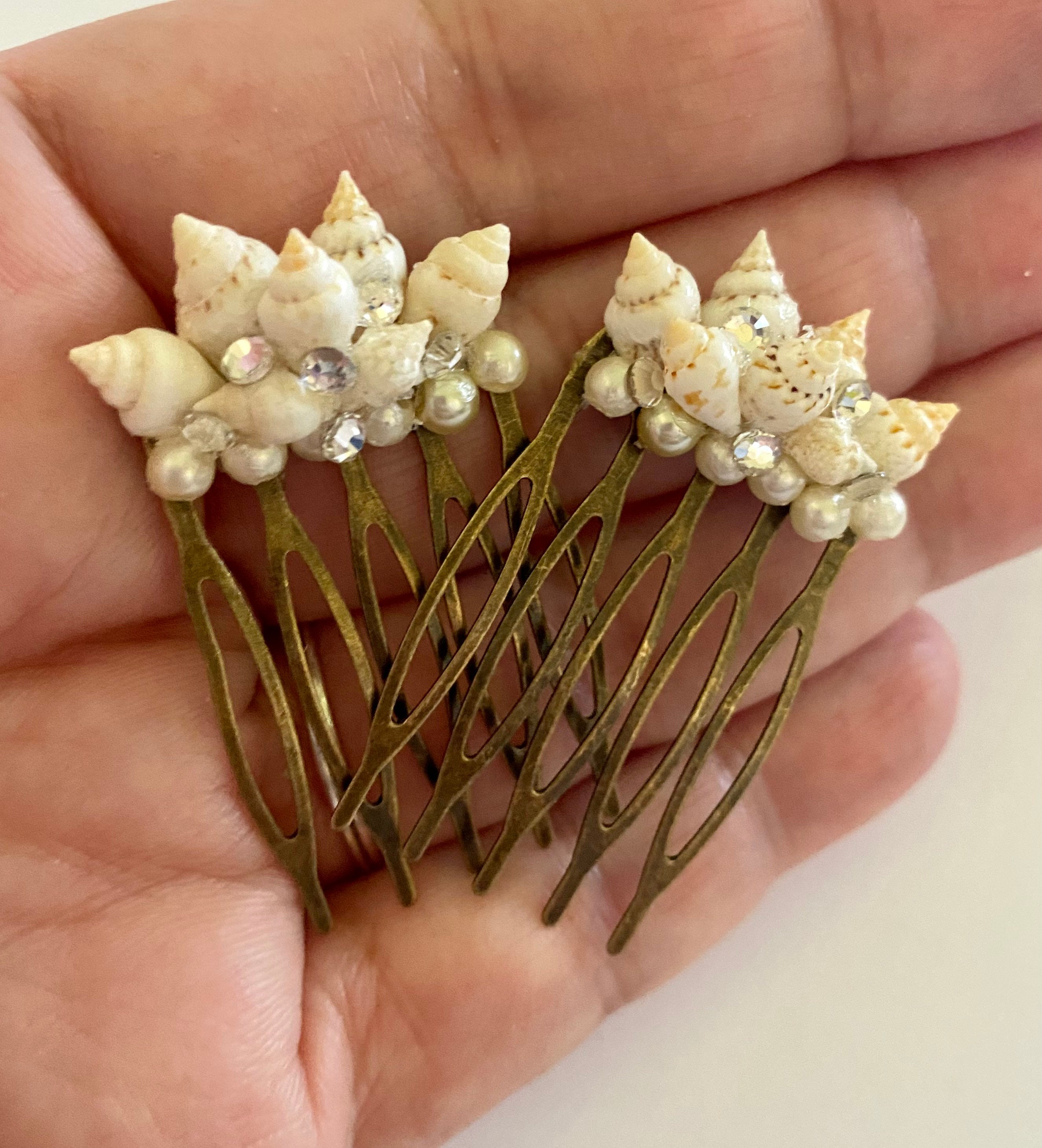 Bronze Mermaid Hair Combs, Natural Shells, Pearls, Embellished with Rhinestones Summer Time Beach Hair Accessory Theme Hair Combs, 2 Combs