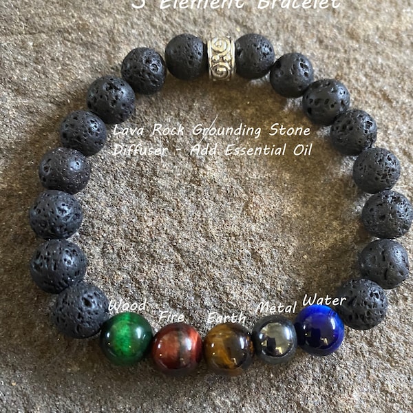 Feng Shui 5 Elements Bracelet: Lava Diffuser, Tiger Eye Stones