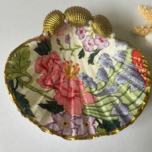 Seashell Ring Dish Decoupage Oriental Flowers on Shell with Faux Pearls, Trinket Holder for Beach Lover Art Gift  Handmade Jewelry Holder