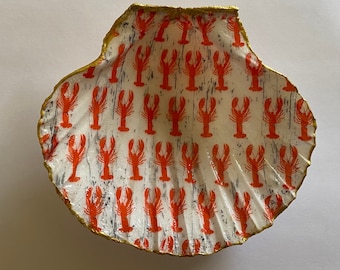 Lobster Trinket Holder, Decoupaged Shell, Lobster Ring Dish, Coastal Decoration