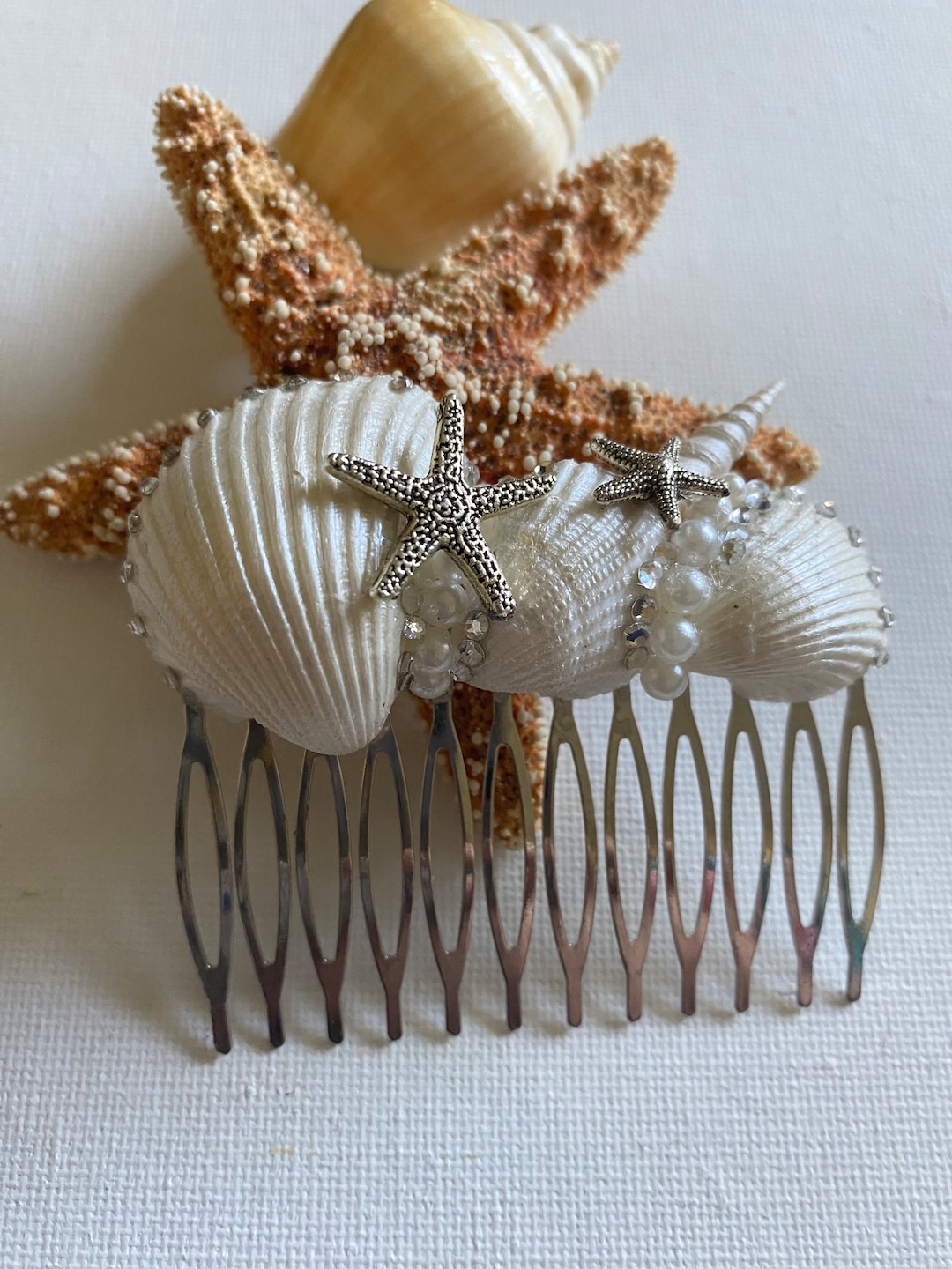 Seashell Comb Seashell Hair Comb, Starfish, Pearls, Silver Tone Mermaid Hair ...