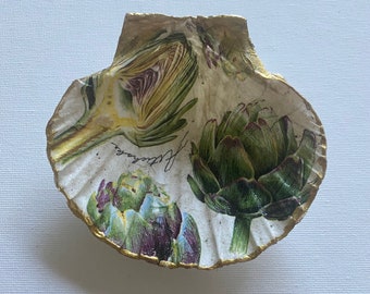 Artichoke Theme Trinket/Jewelry Holder, Decoupaged Scallop Shell Ring Dish Artichoke Art Gold Accents Beach Coastal Decoration