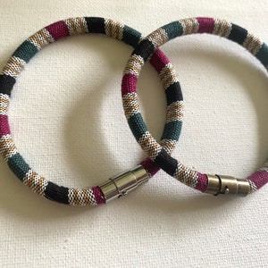 Evergreen Berry Bracelet Multi Color Embroidered Pattern Unisex Cloth Cord Stainless Steel or Brass Magnetic Clasp, Merry Christmas Jewelry