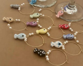Keramik Fisch Wein Charms Küsten Getränke Marker mit Perlen 12er Set