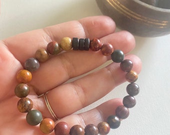Pulsera elástica de jaspe Picasso con separadores de madera