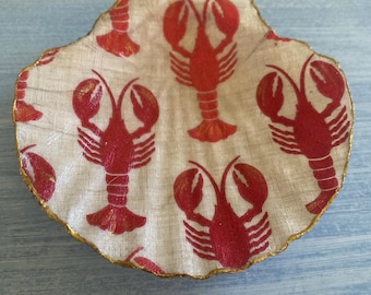 Lobsters on Shell Trinket Dish, Decoupaged Red Lobster Ring Dish, Coastal Decoration