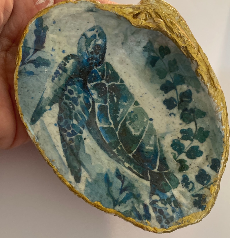 Sea Turtle Clam Shell Trinket Holder, Decoupaged Turtle Ring Dish ...